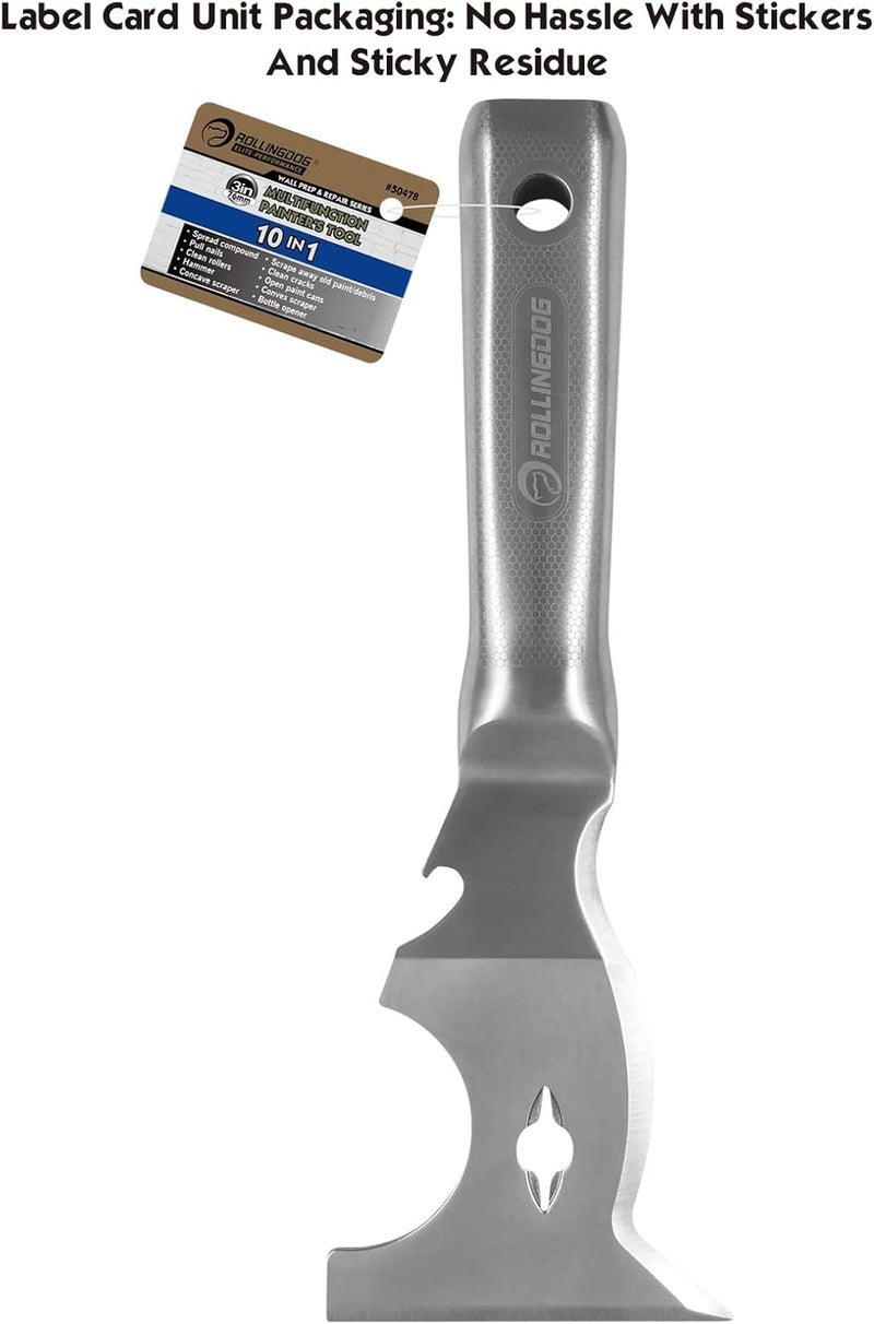 Rolling Dog 10 in 1 Painter's Tool - Stainless Steel Mirror Polished One Piece Blade And Laser Engraved Handle,3 inch Multifunction Putty Knife Drywall Paint Scraper - Image 4